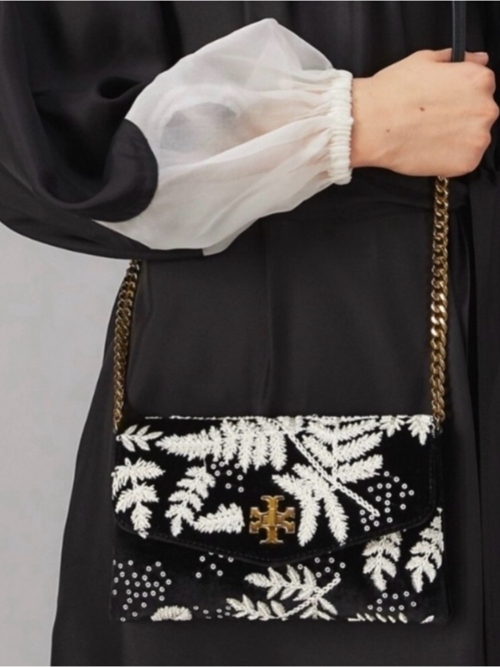 Tory Burch Black Velvet Crossbody with White Fern Embroidery & Gold Chain Strap